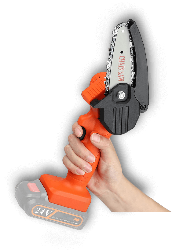 hand holding Woodwise Mini Chainsaw